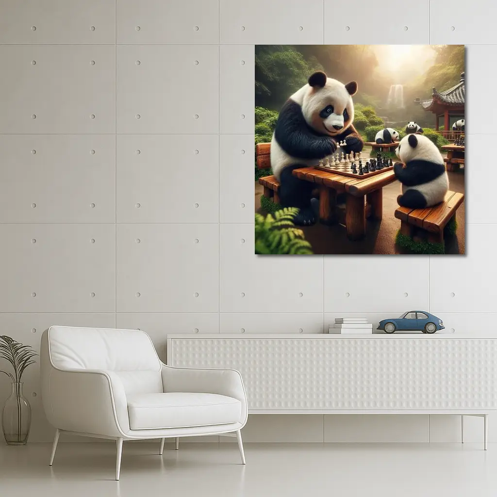 Pandas Playing Chess in Forest Garden – Wall Art