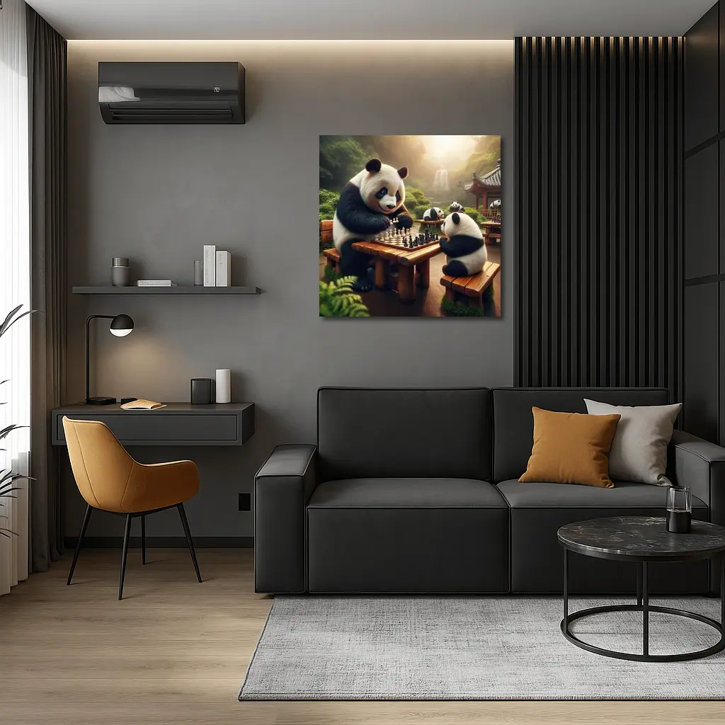 Pandas Playing Chess in Forest Garden – Wall Art