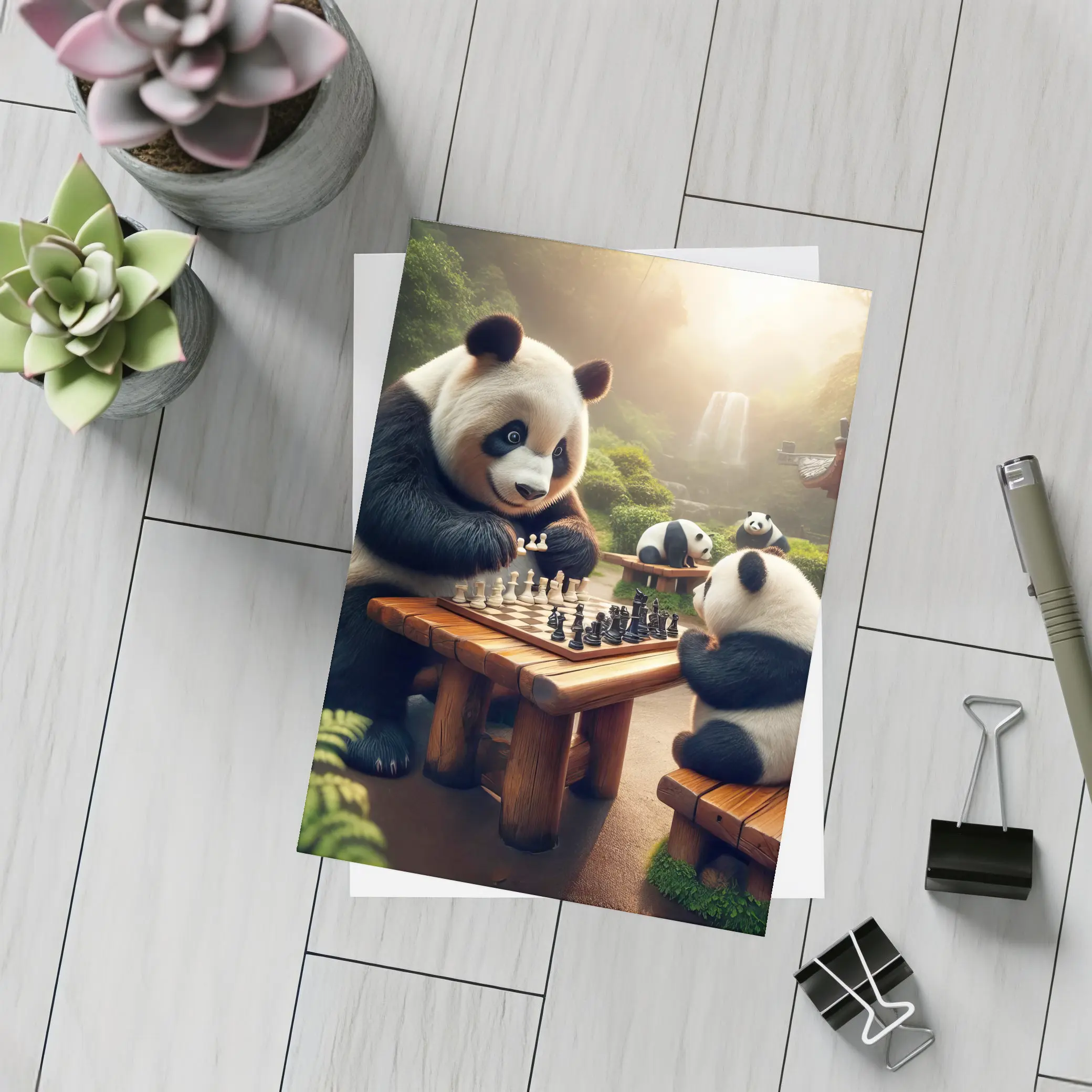 Pandas Playing Chess in Forest Garden – Postcards