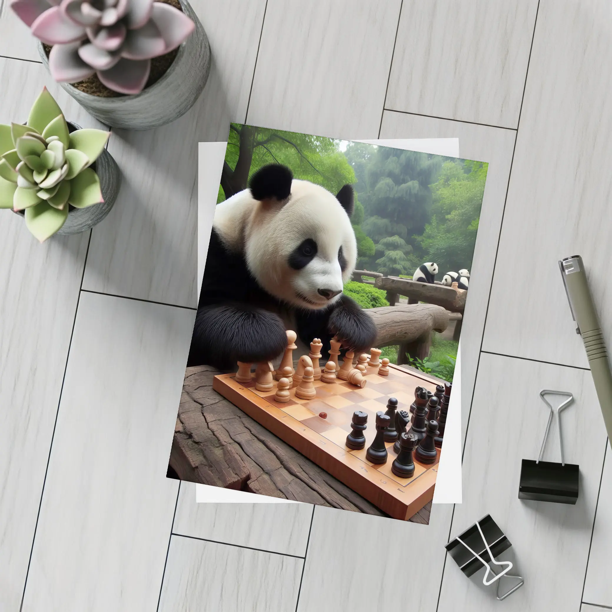 Giant Panda Playing Chess in Forest – Postcards