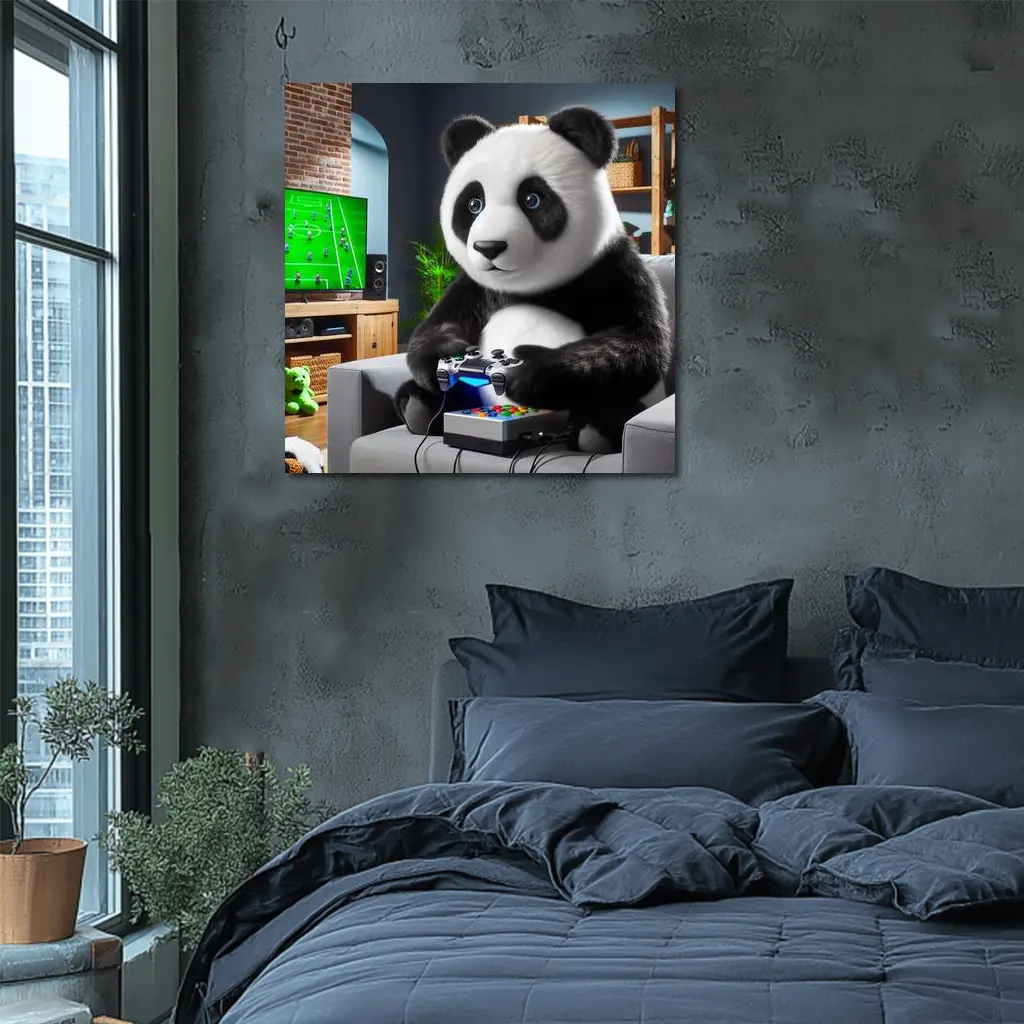 Panda Playing Video Games on Couch – Wall Art