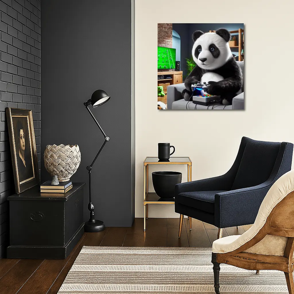 Panda Playing Video Games on Couch – Wall Art