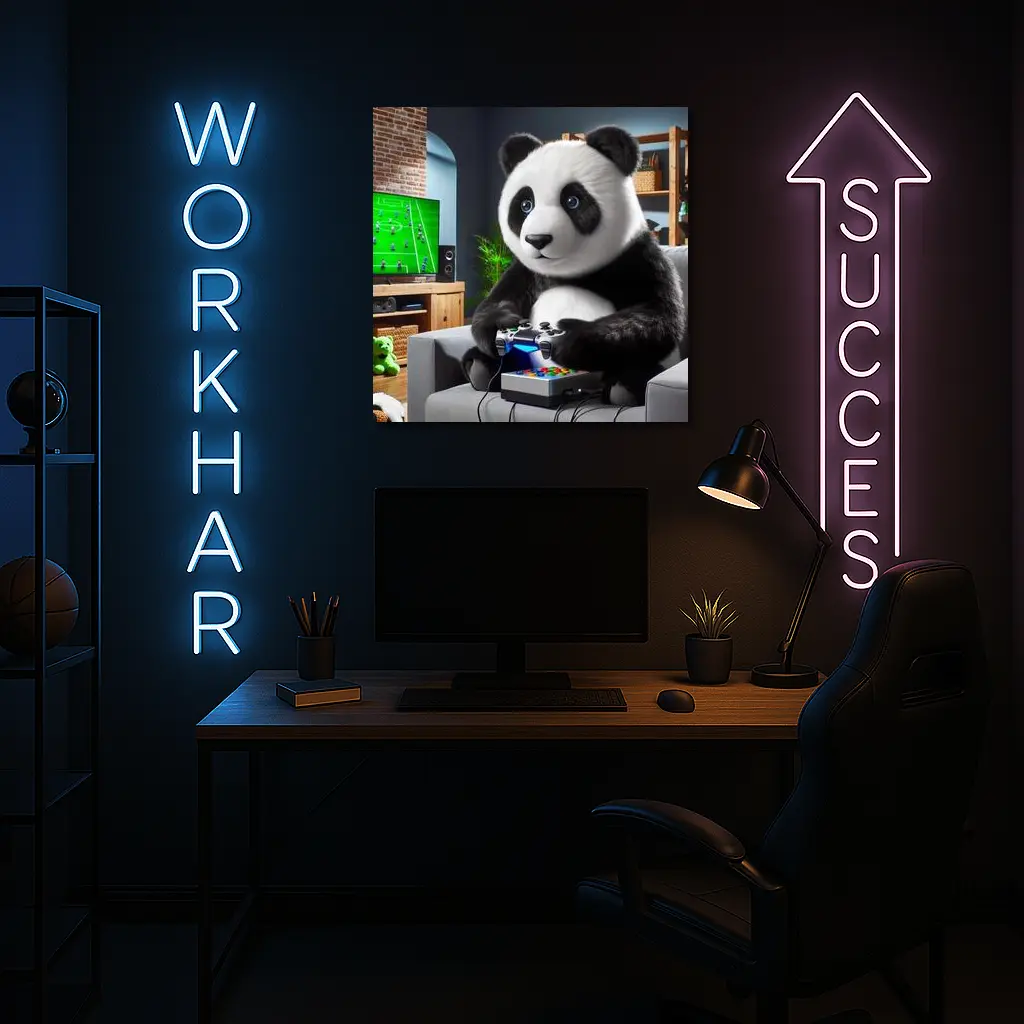 Panda Playing Video Games on Couch – Wall Art