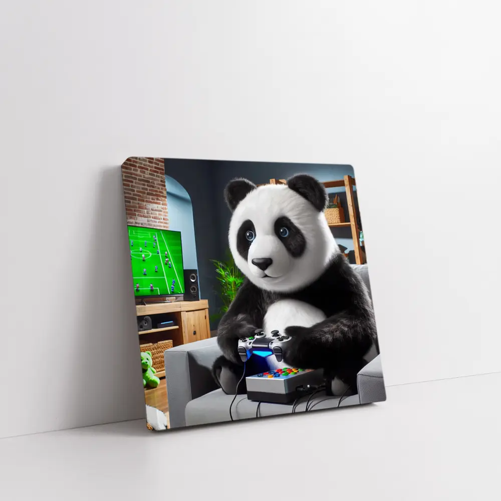 Panda Playing Video Games on Couch – Wall Art