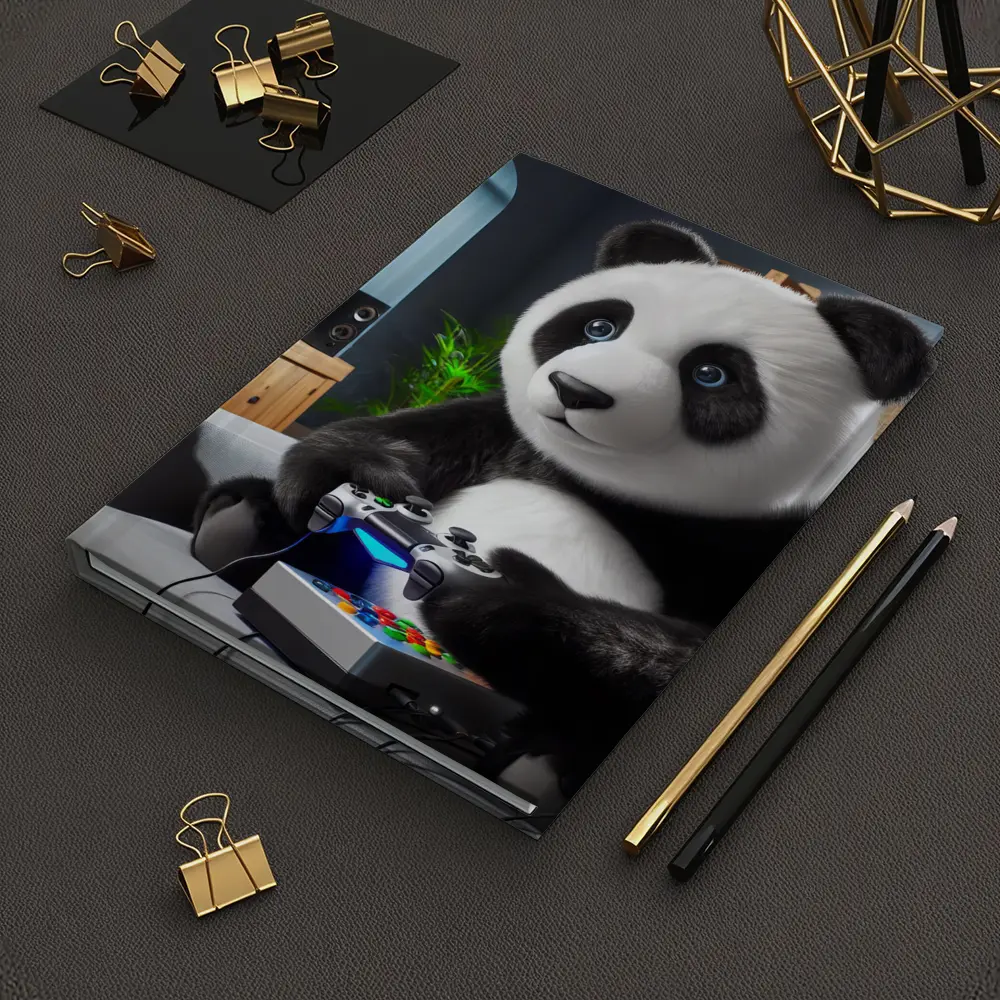 Panda Playing Video Games on Couch – Notebooks