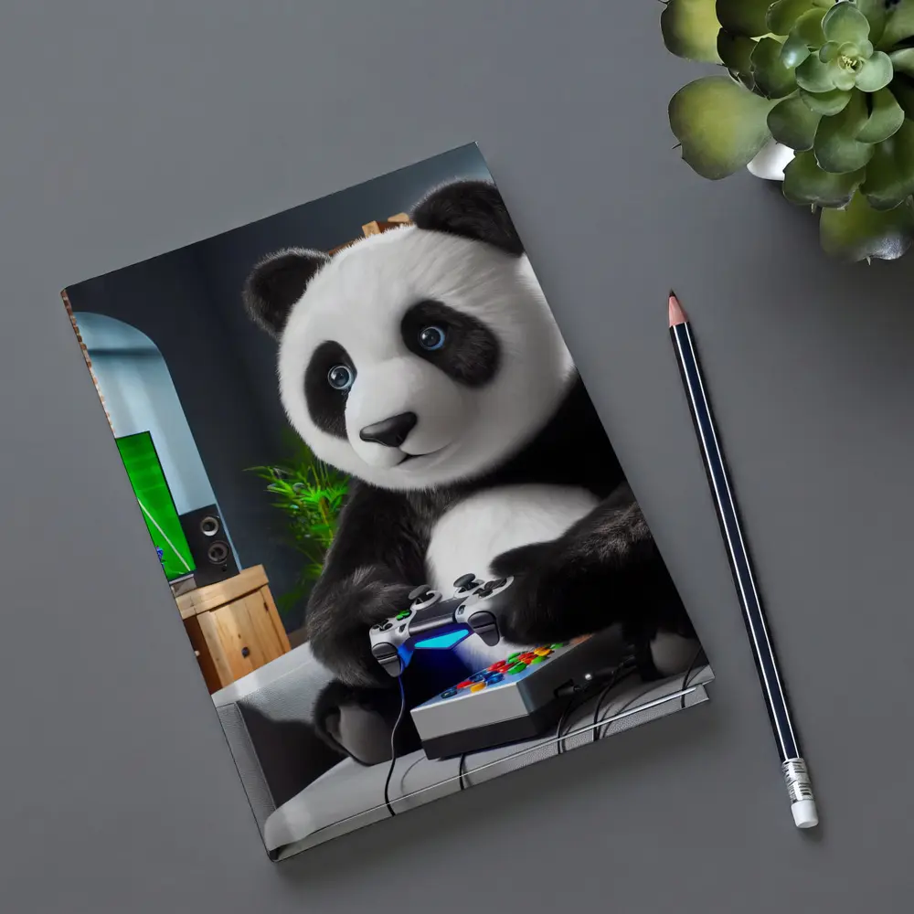 Panda Playing Video Games on Couch – Notebooks