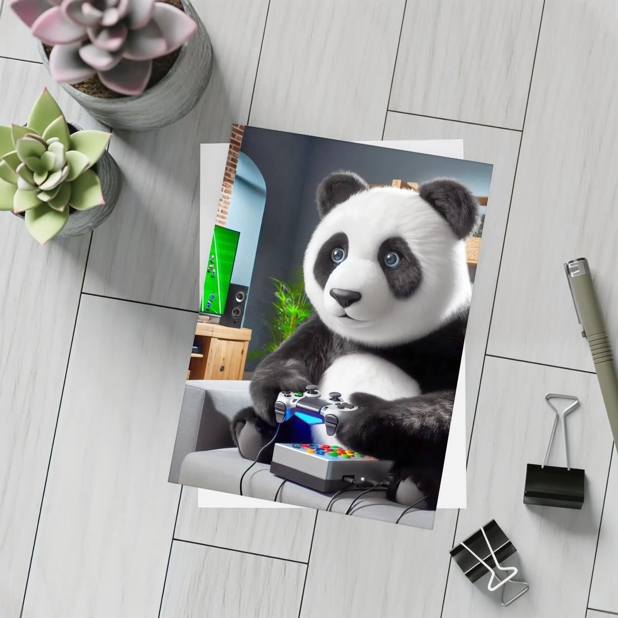 Panda Playing Video Games on Couch – Postcards