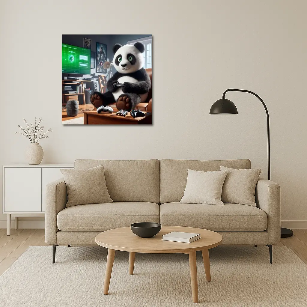 Panda Playing Video Games Cozy Living Room – Wall Art