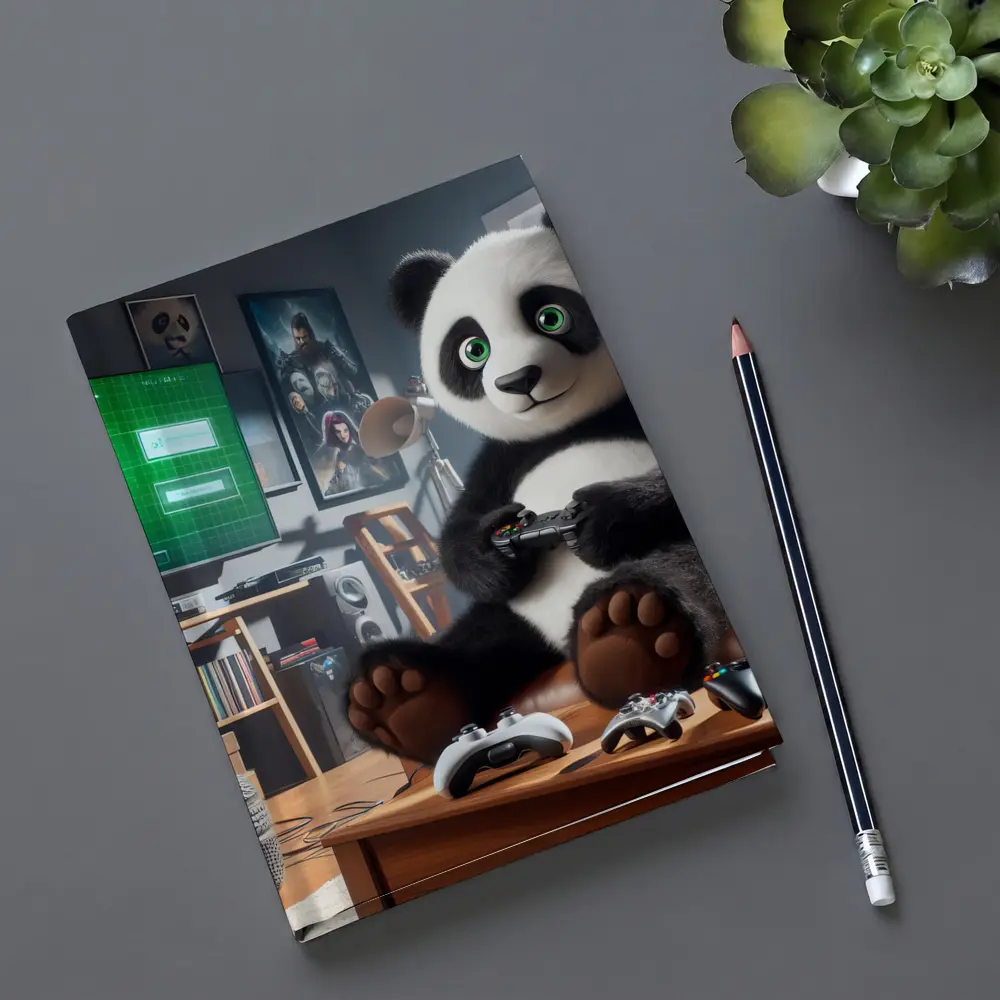 Panda Playing Video Games Cozy Living Room – Notebooks