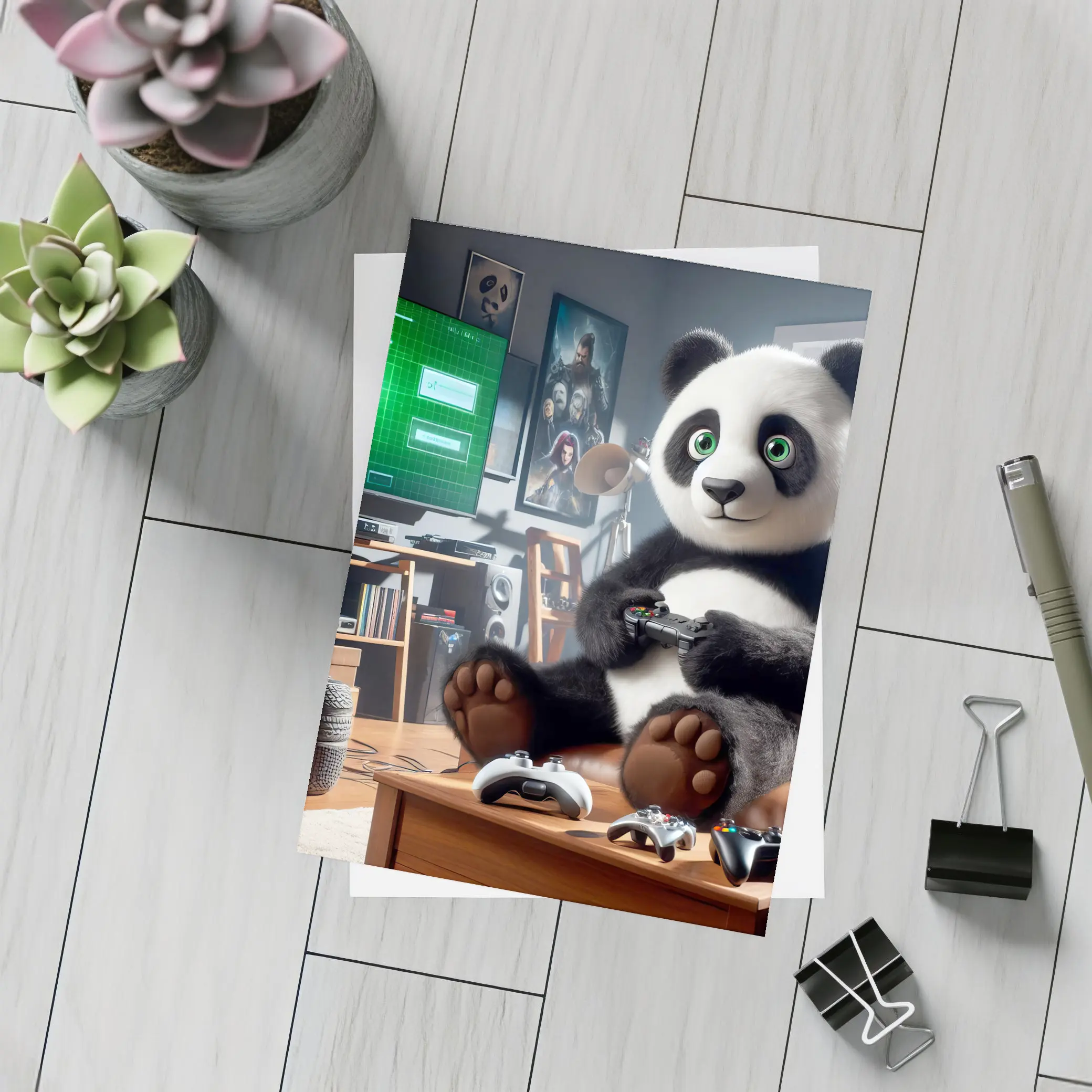 Panda Playing Video Games Cozy Living Room – Postcards