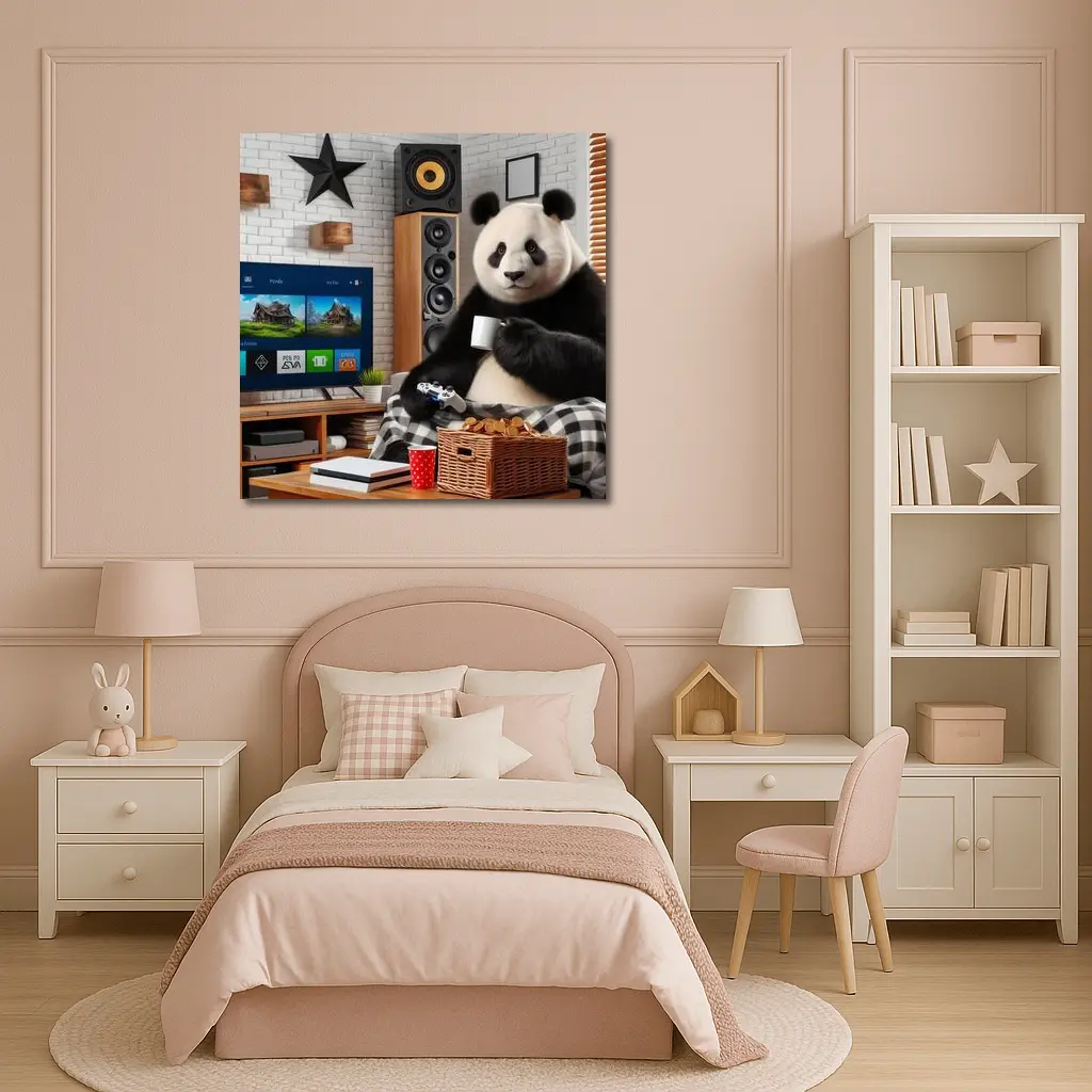 Panda Gaming Cozy Living Room Scene – Wall Art