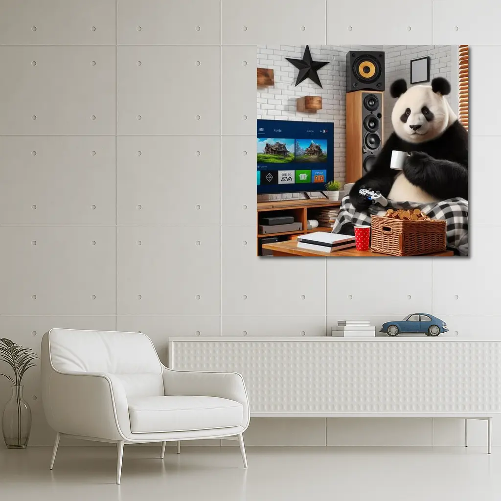 Panda Gaming Cozy Living Room Scene – Wall Art