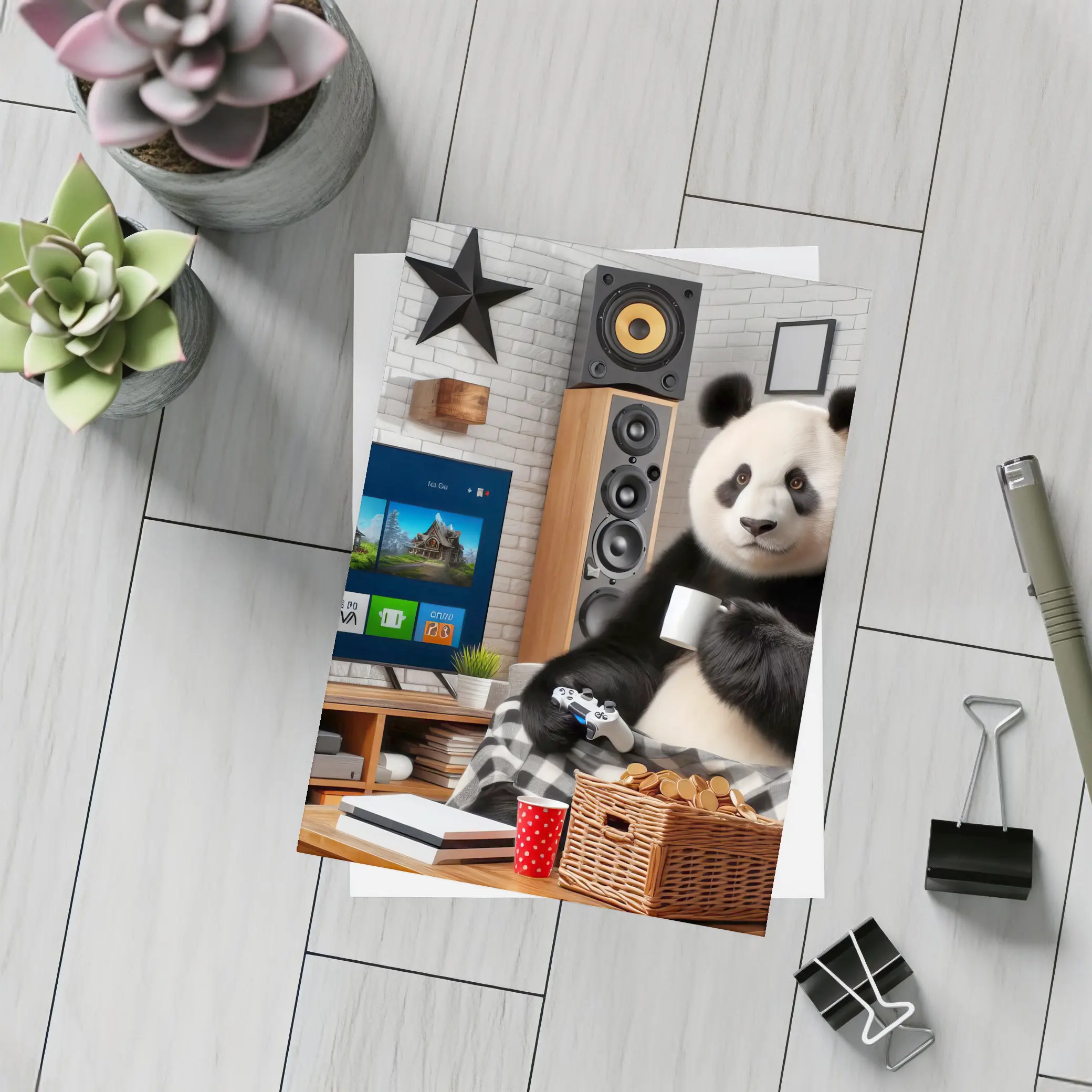 Panda Gaming Cozy Living Room Scene – Postcards