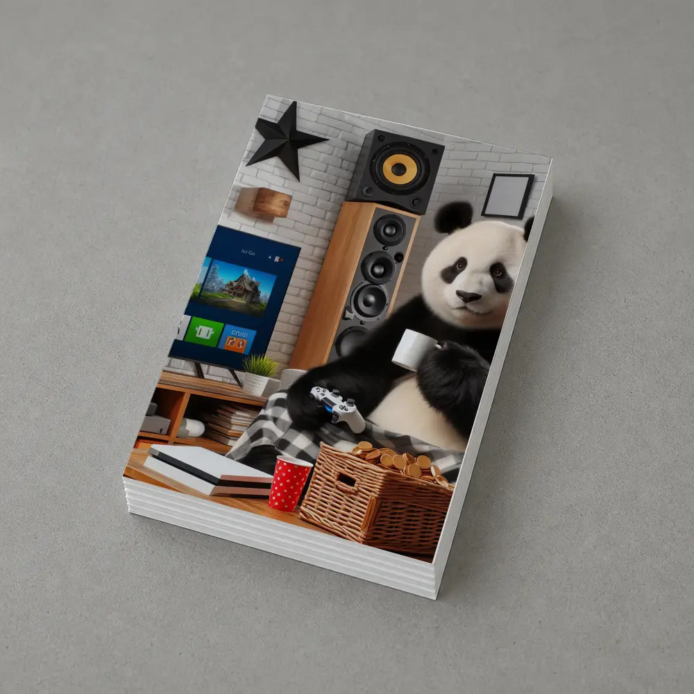 Panda Gaming Cozy Living Room Scene – Postcards