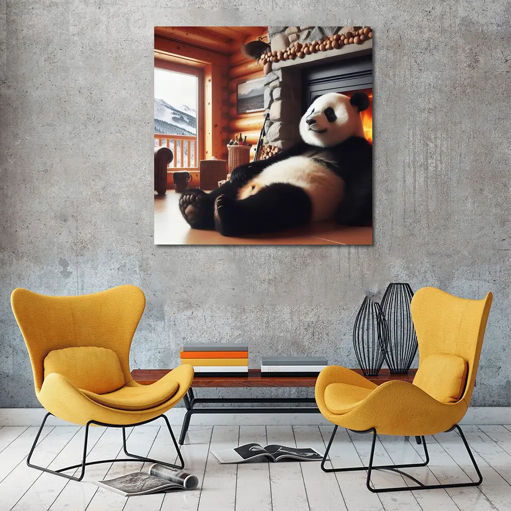 Giant Panda Relaxing By Cozy Fireplace – Wall Art