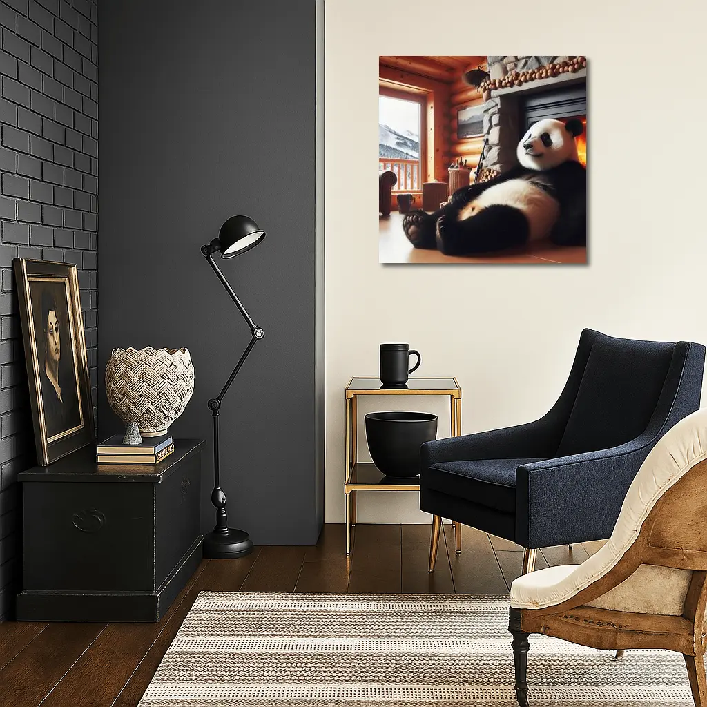 Giant Panda Relaxing By Cozy Fireplace – Wall Art