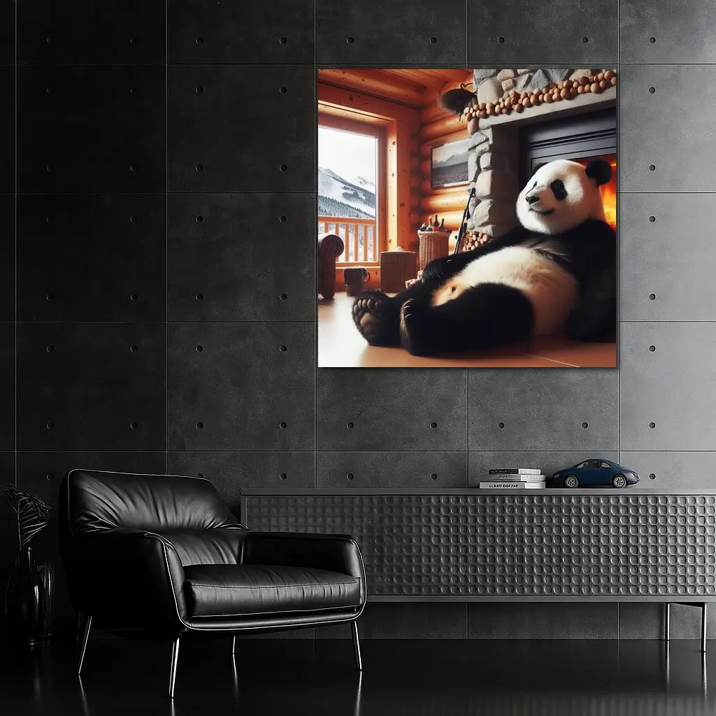 Giant Panda Relaxing By Cozy Fireplace – Wall Art