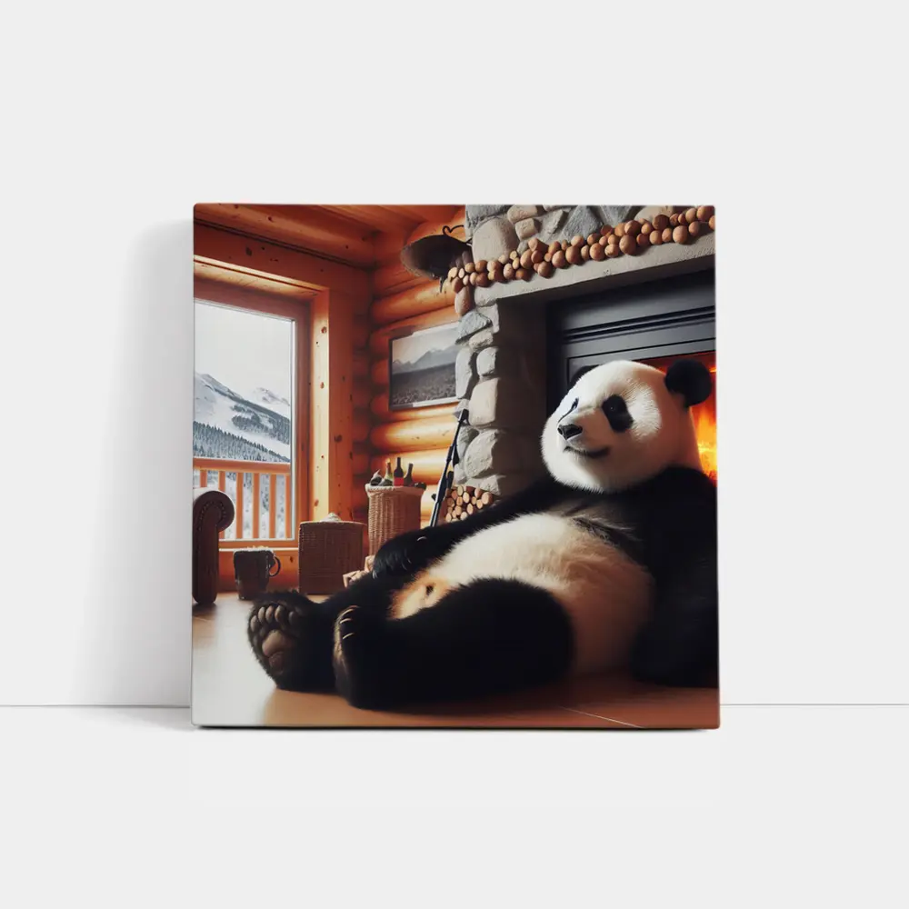 Giant Panda Relaxing By Cozy Fireplace – Wall Art