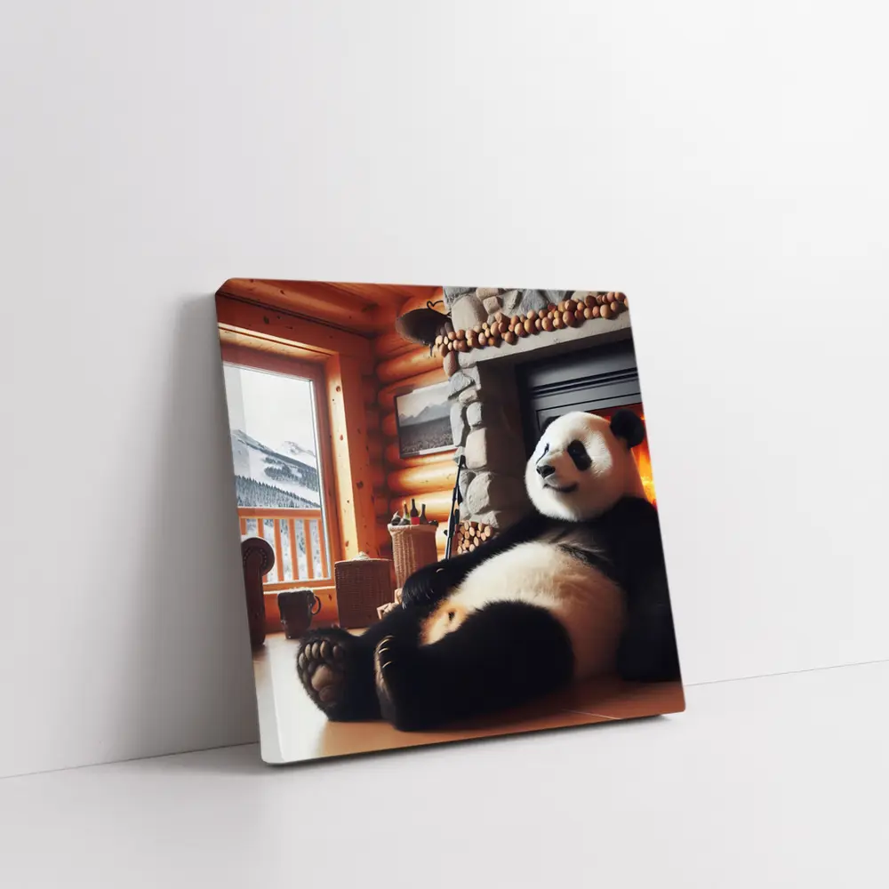 Giant Panda Relaxing By Cozy Fireplace – Wall Art