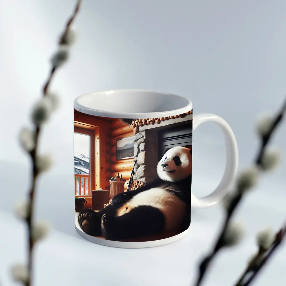 Giant Panda Relaxing By Cozy Fireplace – Mugs