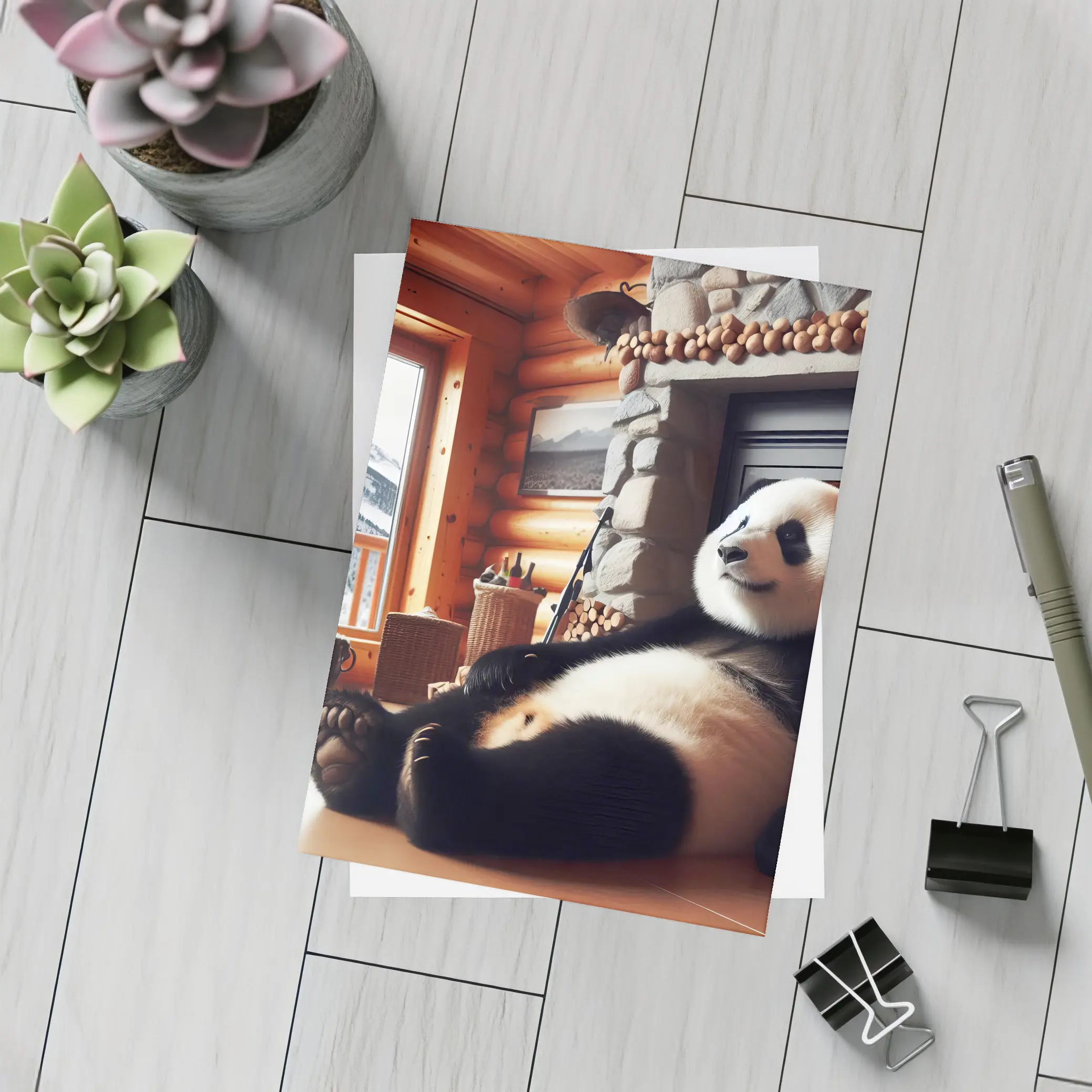 Giant Panda Relaxing By Cozy Fireplace – Postcards