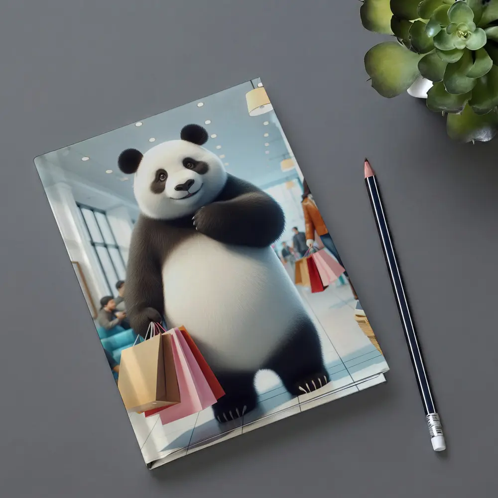 Panda Bear Shopping In Bright Retail Store – Notebooks
