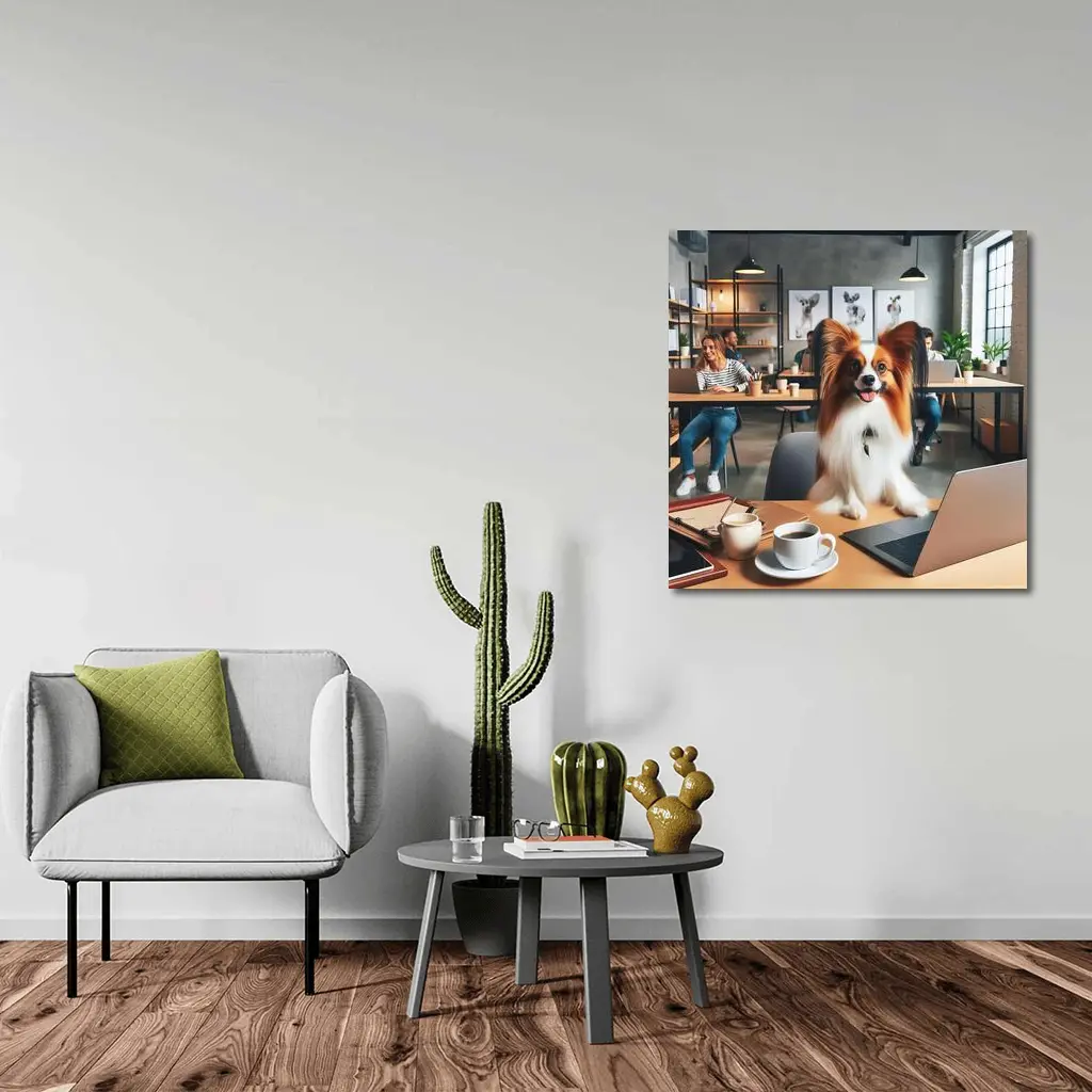 Papillon Dog Sitting at Office Desk – Wall Art