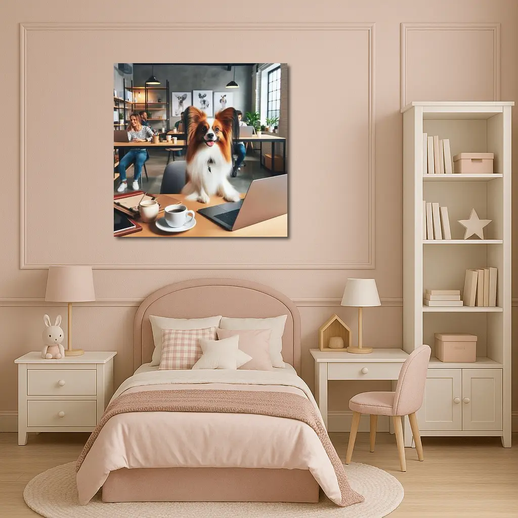 Papillon Dog Sitting at Office Desk – Wall Art