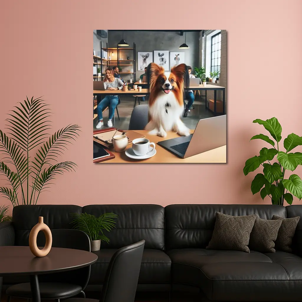 Papillon Dog Sitting at Office Desk – Wall Art