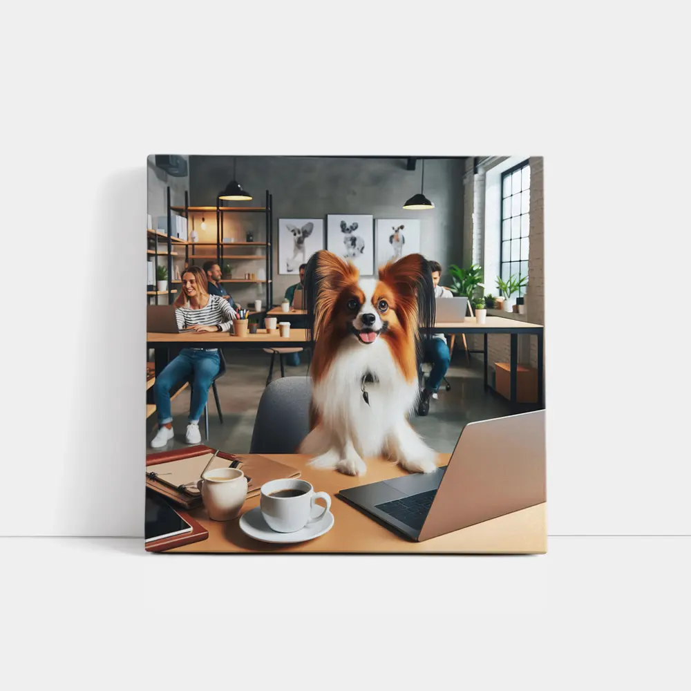 Papillon Dog Sitting at Office Desk – Wall Art