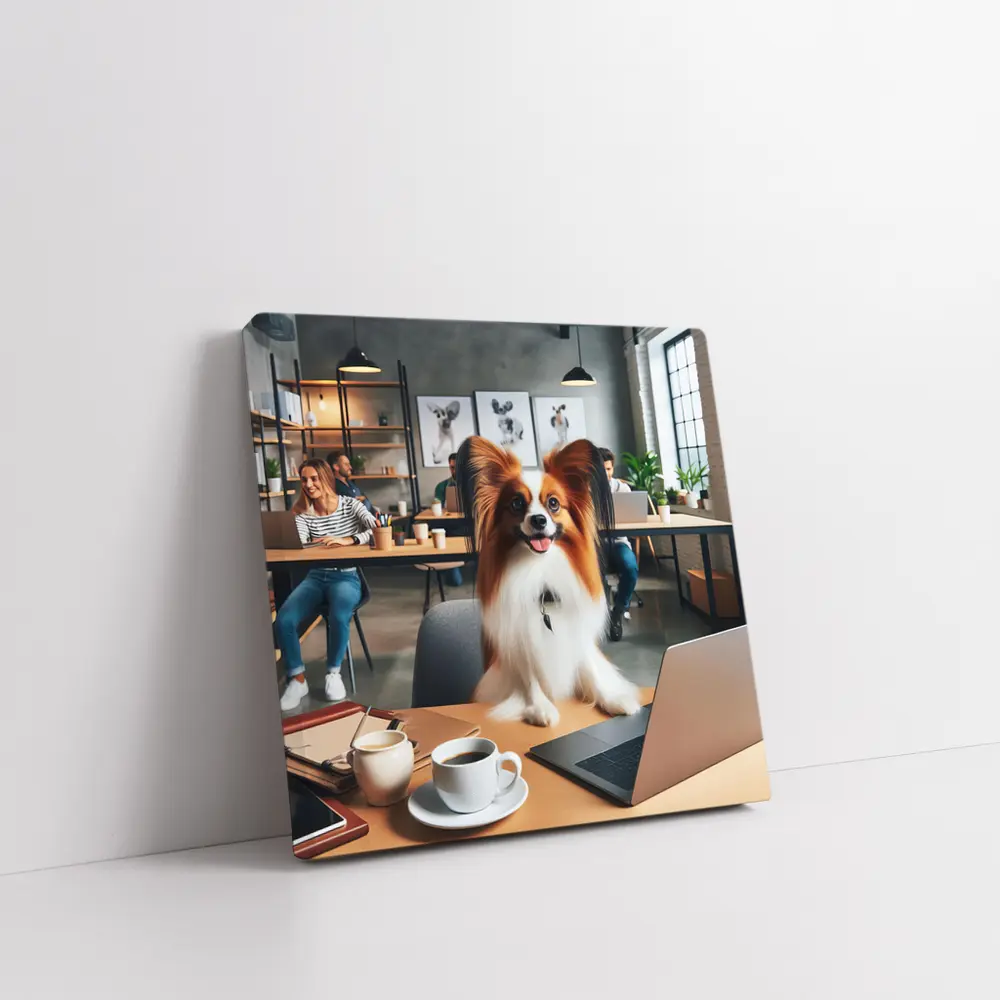 Papillon Dog Sitting at Office Desk – Wall Art