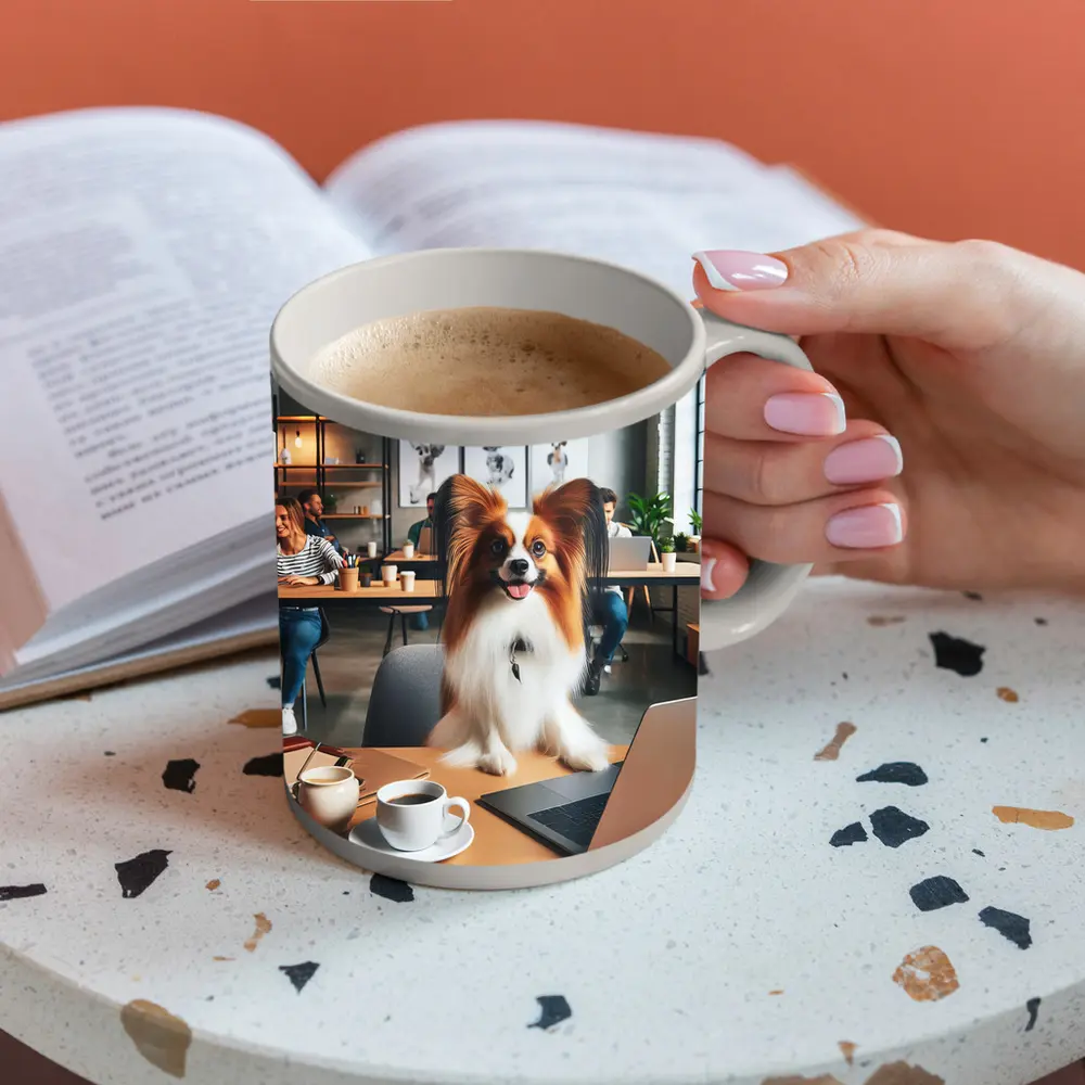 Papillon Dog Sitting at Office Desk – Mugs
