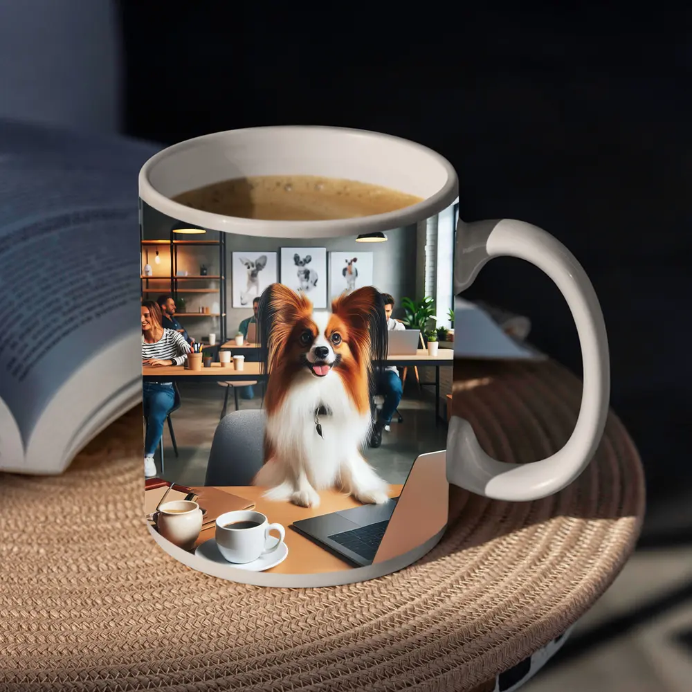 Papillon Dog Sitting at Office Desk – Mugs