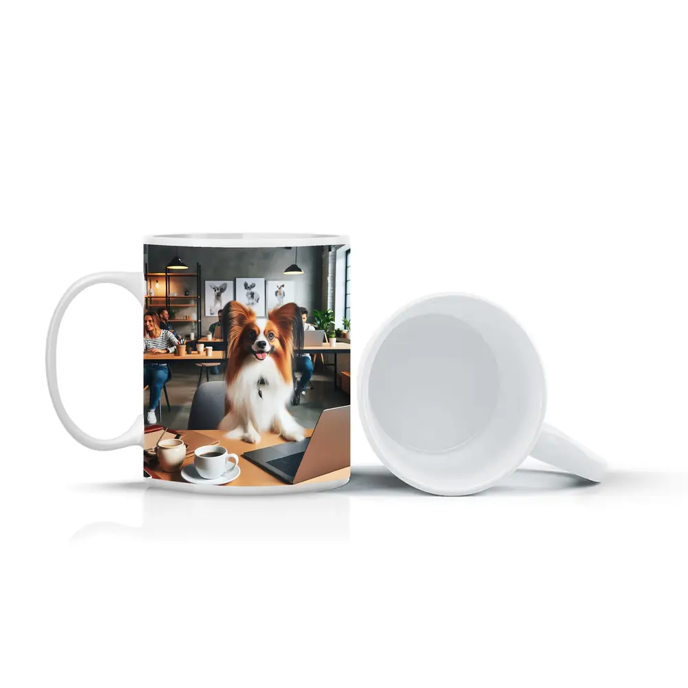 Papillon Dog Sitting at Office Desk – Mugs