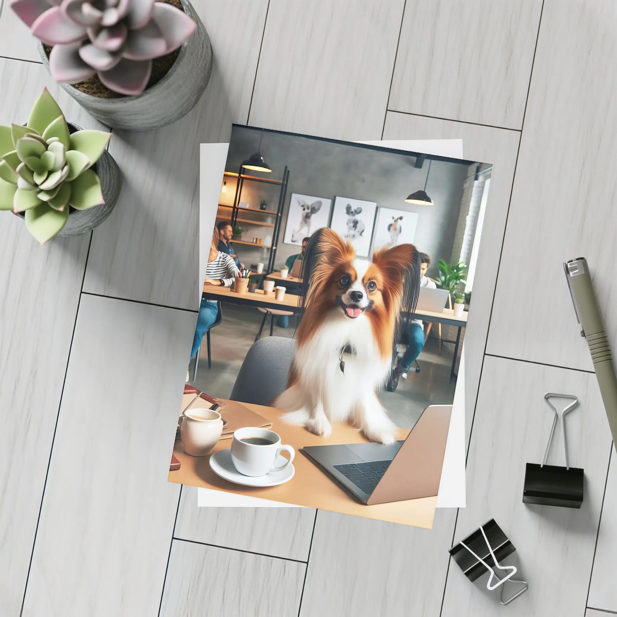 Papillon Dog Sitting at Office Desk – Postcards