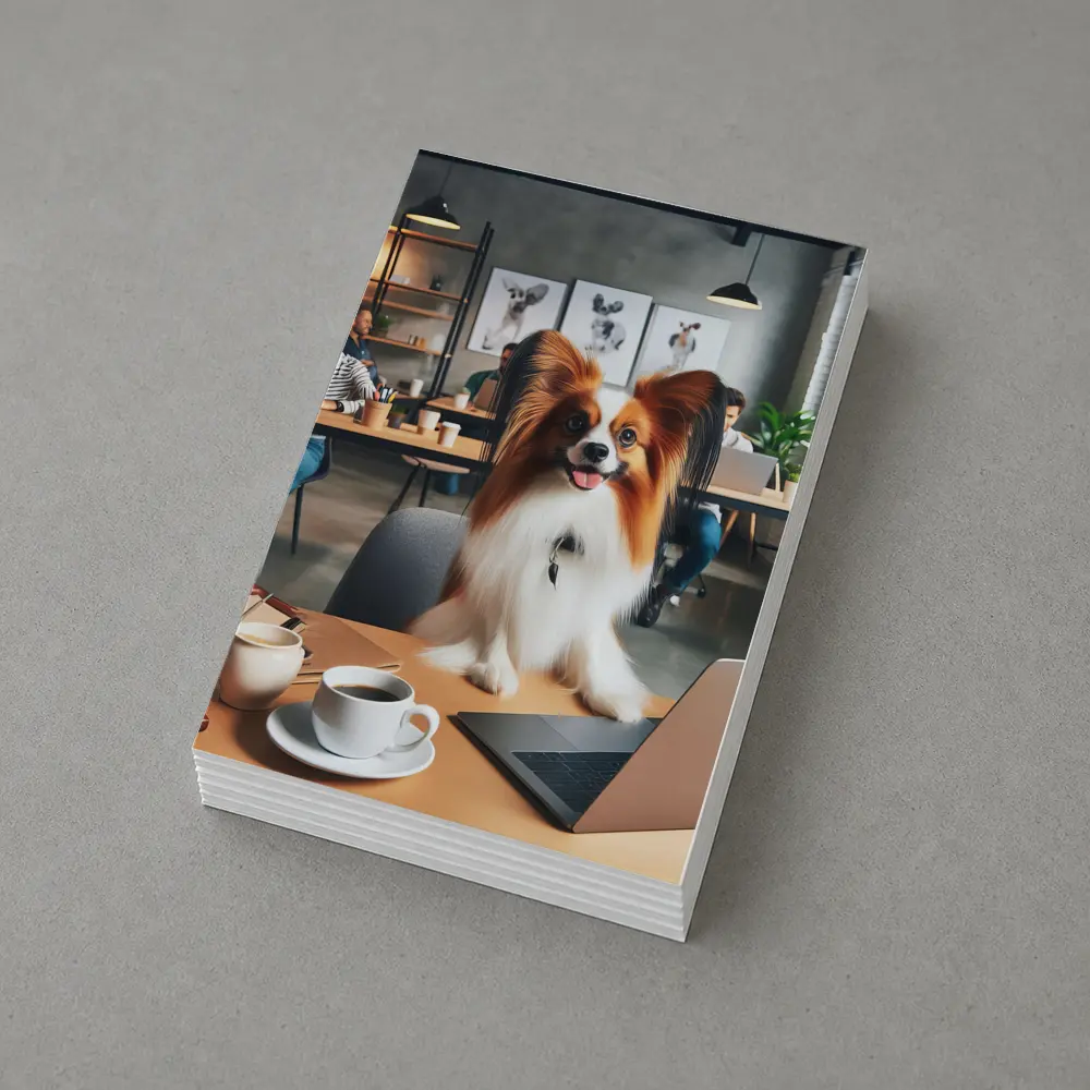 Papillon Dog Sitting at Office Desk – Postcards