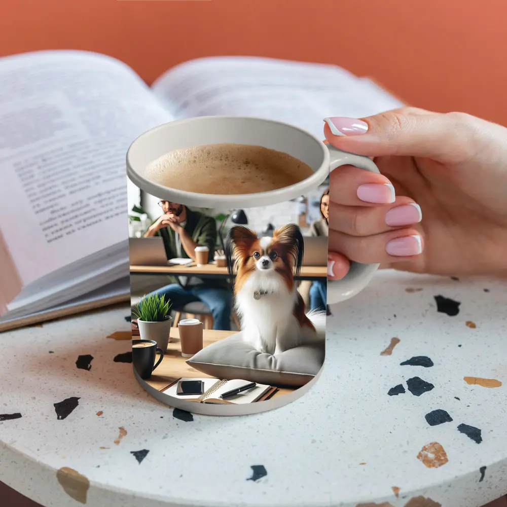 Papillon Dog Sitting on Pillow Office – Mugs
