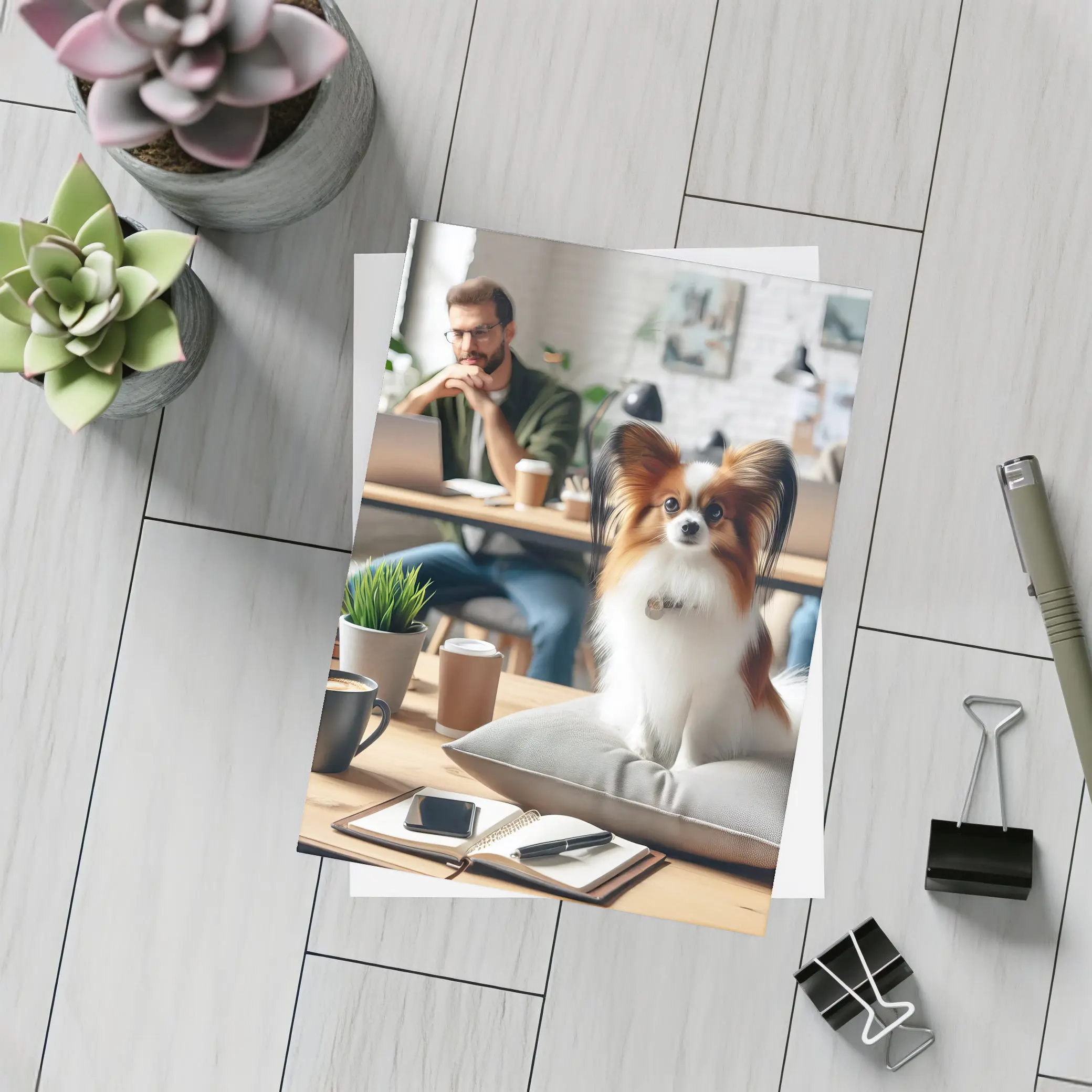 Papillon Dog Sitting on Pillow Office – Postcards