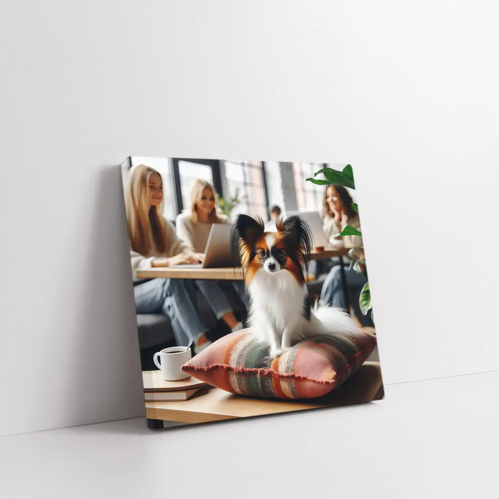 Papillon Dog Sitting on Pillow Cafe – Wall Art