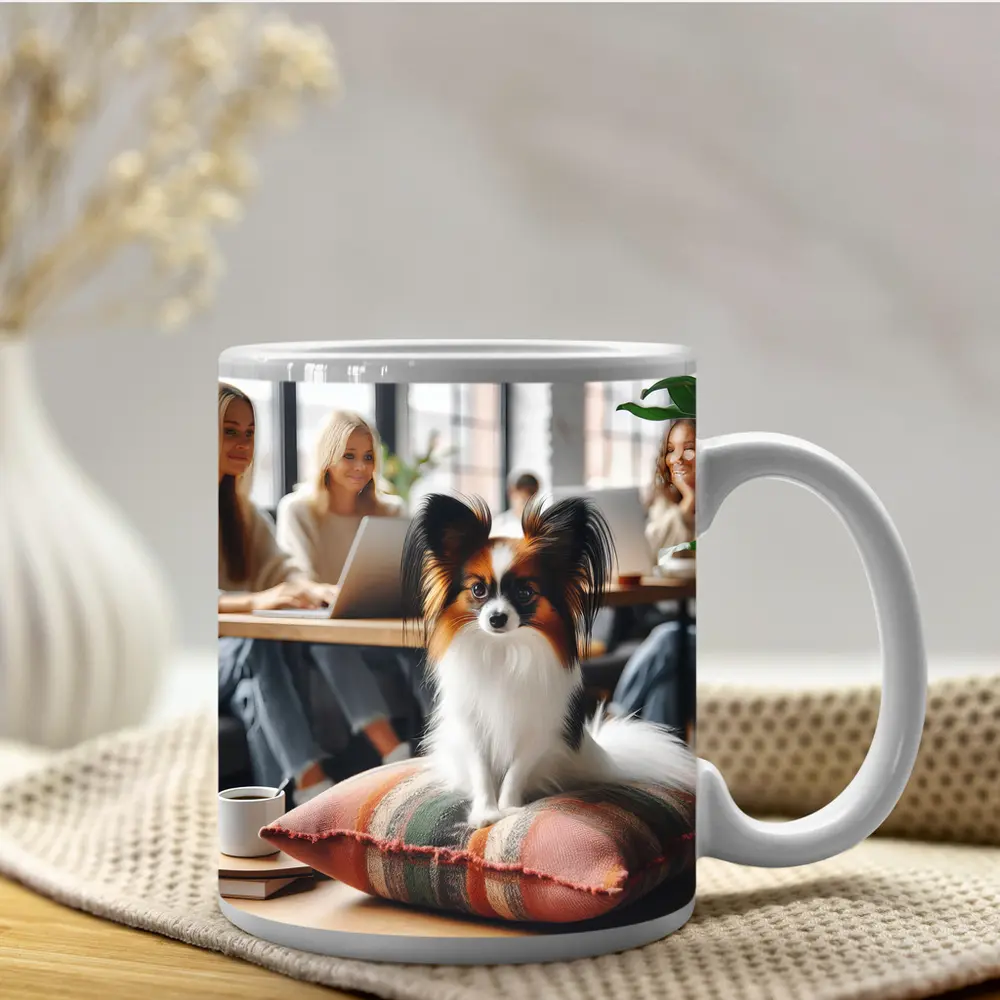 Papillon Dog Sitting on Pillow Cafe – Mugs