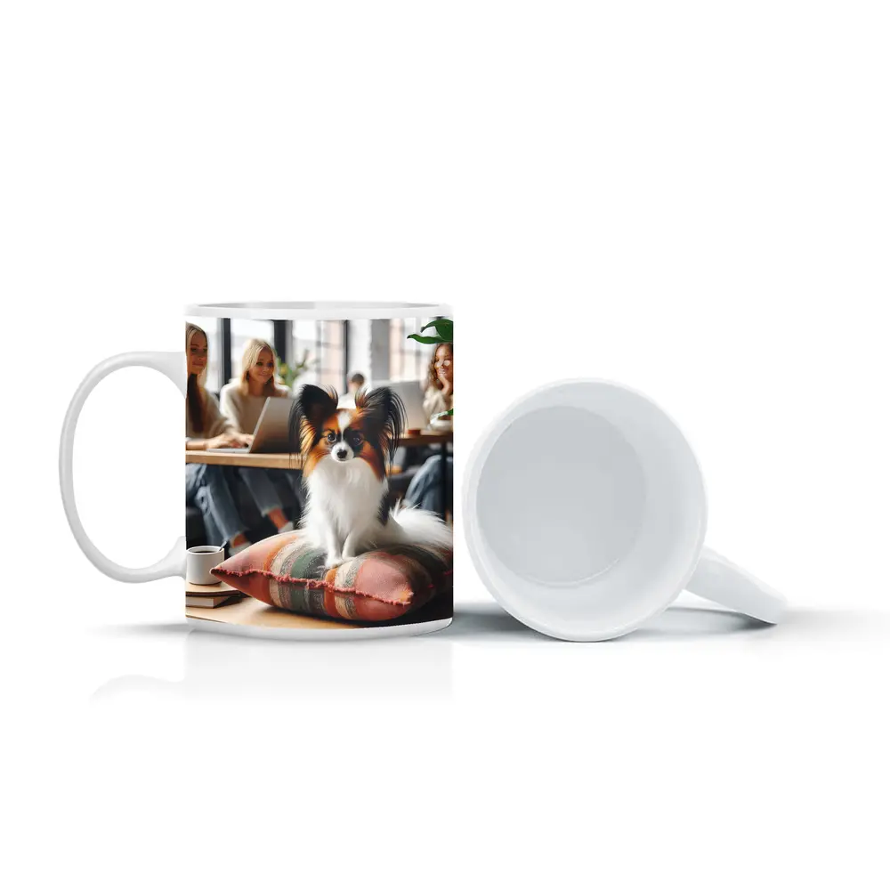 Papillon Dog Sitting on Pillow Cafe – Mugs