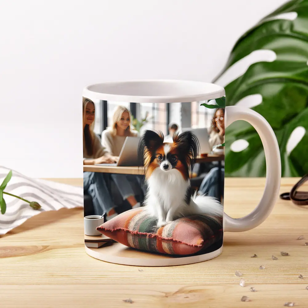 Papillon Dog Sitting on Pillow Cafe – Mugs