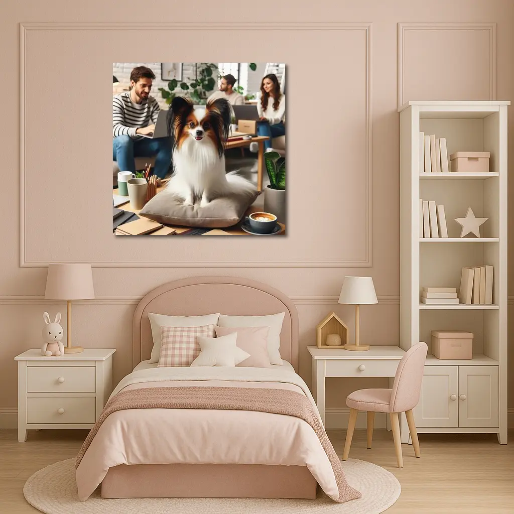 Papillon Dog Sitting on Pillow Indoors – Wall Art