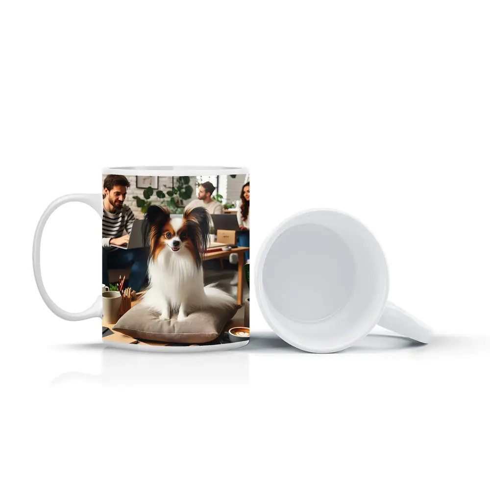 Papillon Dog Sitting on Pillow Indoors – Mugs