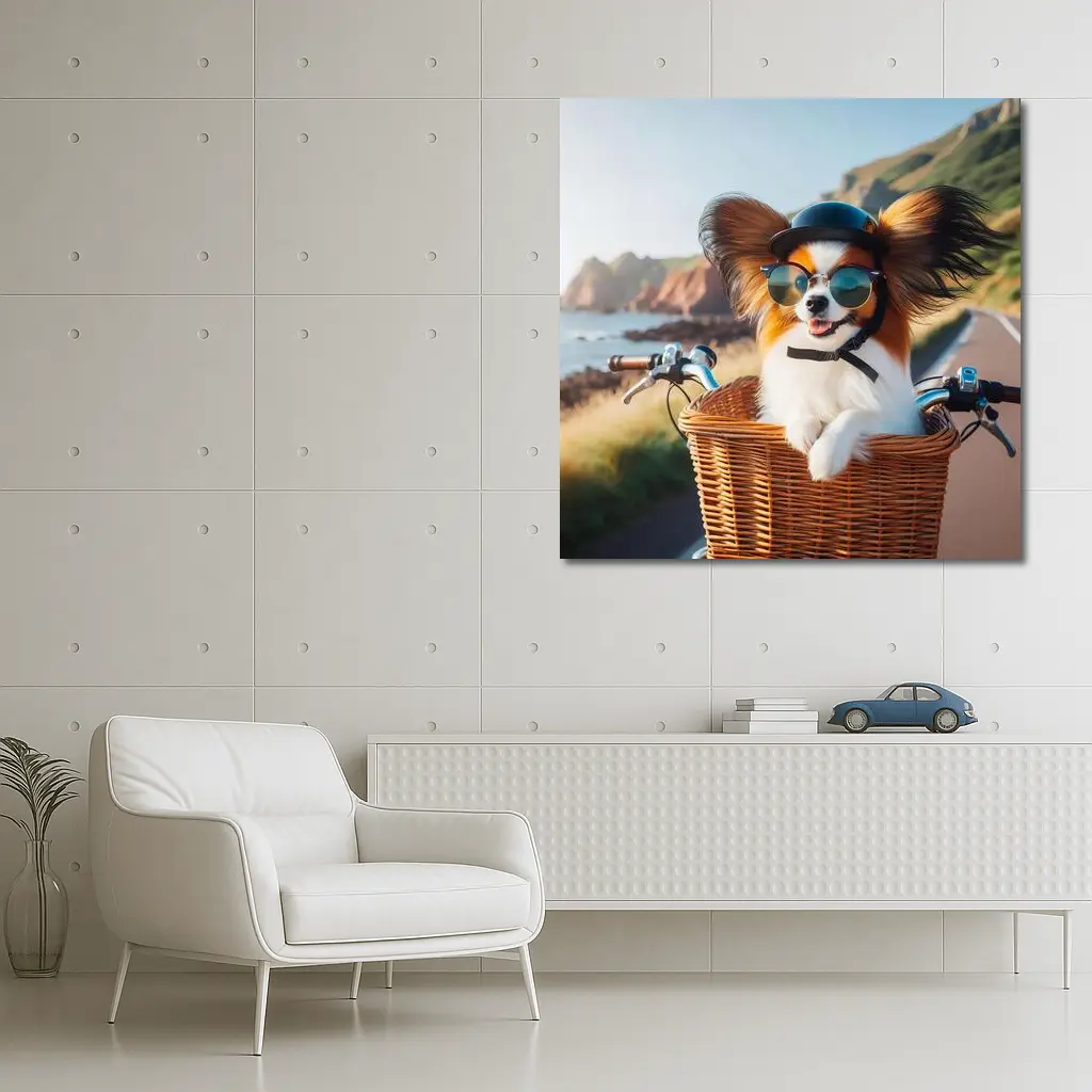 Papillon Dog Sunglasses Bicycle Basket Coastal Road – Wall Art