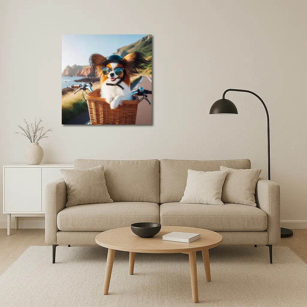 Papillon Dog Sunglasses Bicycle Basket Coastal Road – Wall Art