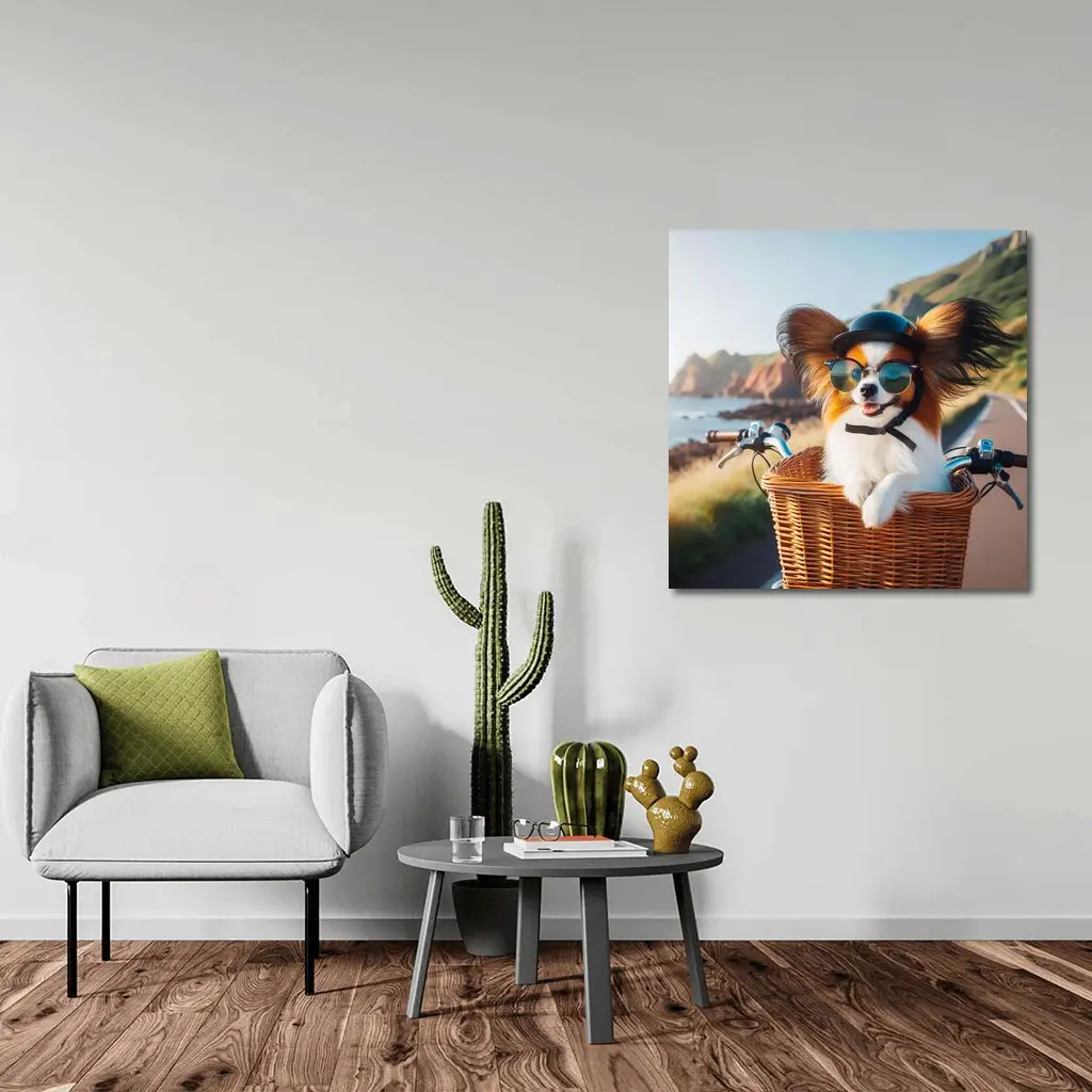 Papillon Dog Sunglasses Bicycle Basket Coastal Road – Wall Art