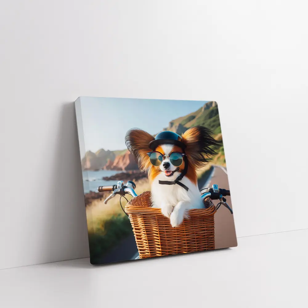 Papillon Dog Sunglasses Bicycle Basket Coastal Road – Wall Art
