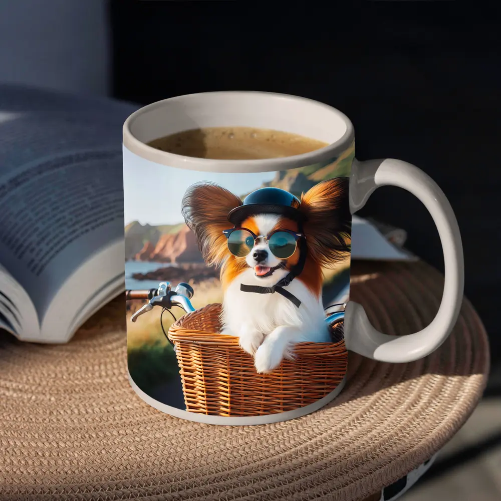 Papillon Dog Sunglasses Bicycle Basket Coastal Road – Mugs