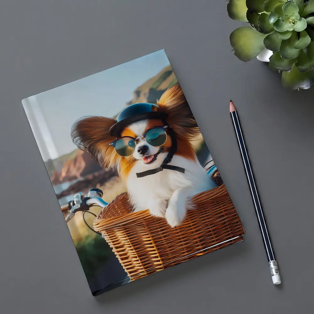 Papillon Dog Sunglasses Bicycle Basket Coastal Road – Notebooks